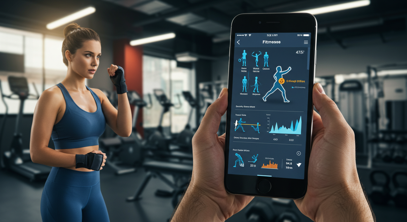 Pessoa usando aplicativo de treino no smartphone durante exercício na academia