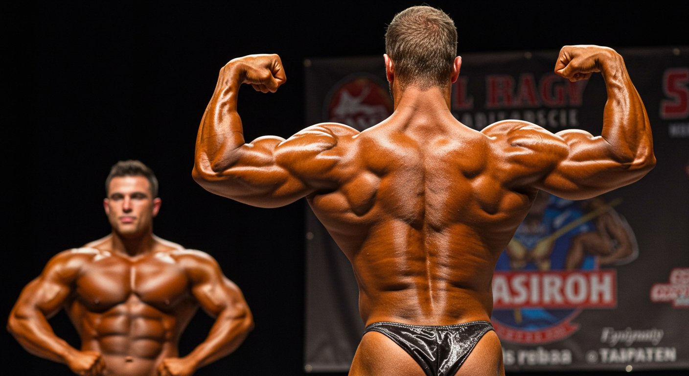 Fisiculturista exibindo a definição muscular em competição internacional